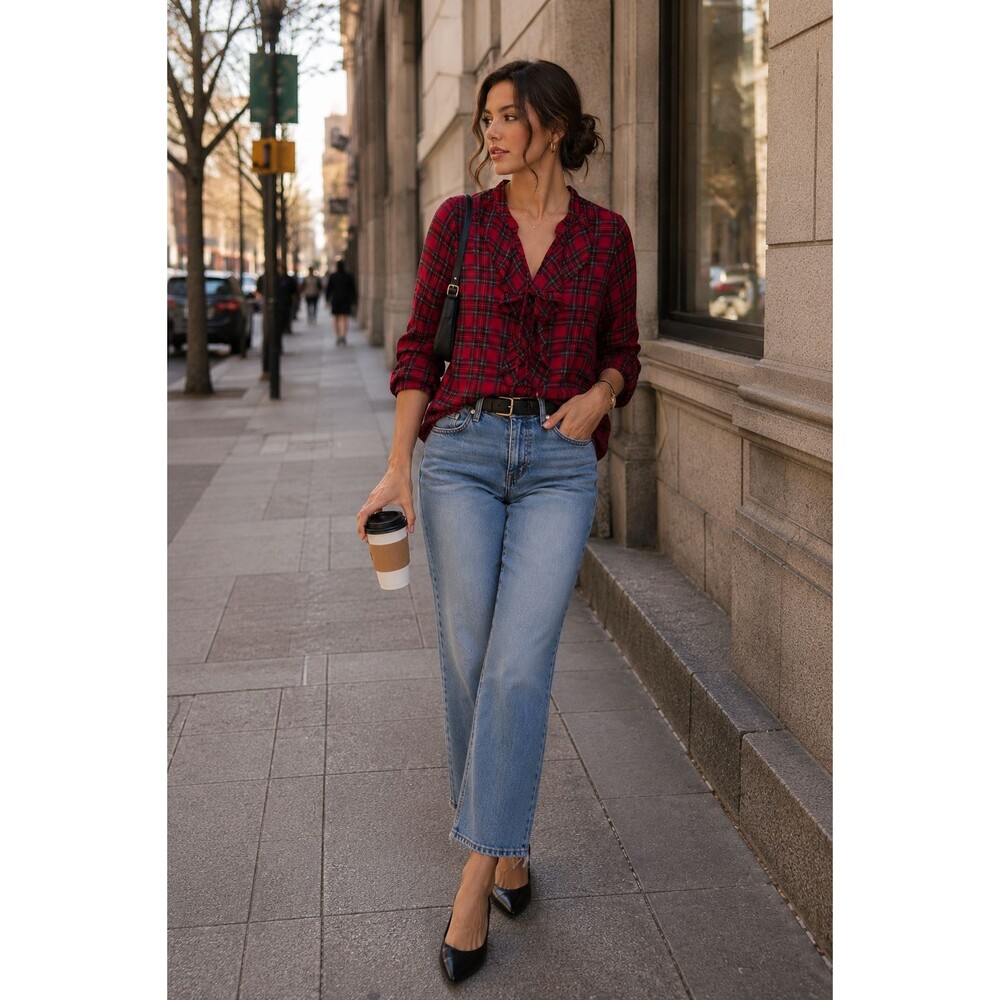 TOMMY HILFIGER‎ Women's New Top Blouse Red SMALL Plaid Ruffle Tie Neck